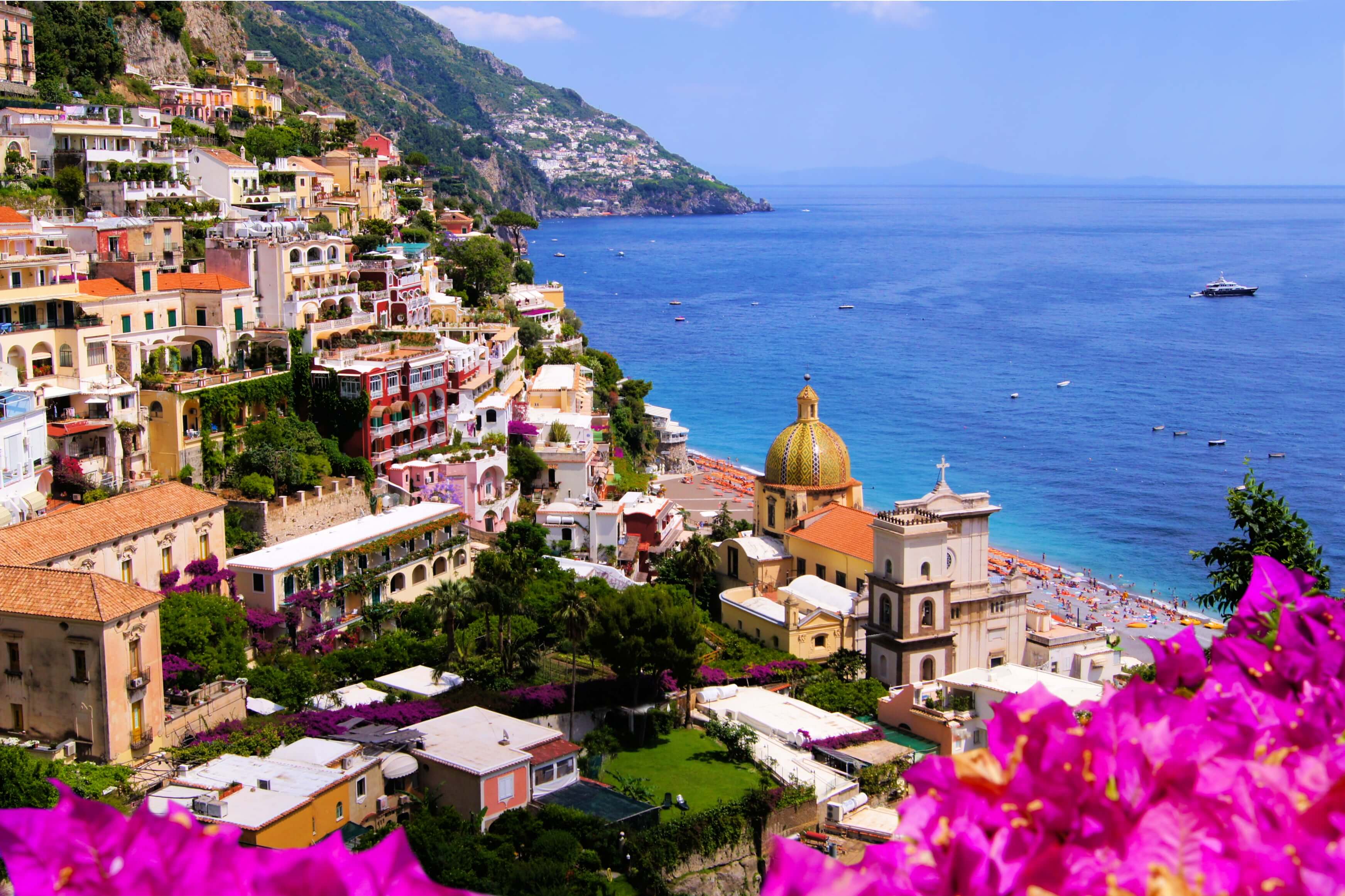 View of the town of Positano with flowers, Amalfi Coast, Italy